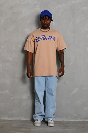 Unisex Oversize Baskılı Bisiklet Yaka Thirt  Bej