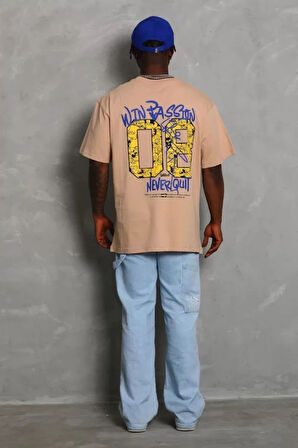 Unisex Oversize Baskılı Bisiklet Yaka Thirt  Bej