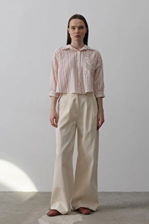 Çift Pileli Palazzo Pantolon  Natür