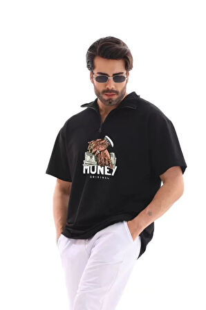 Unisex Yarım Fermuarlı Oversize Baskılı Thirt  iyah