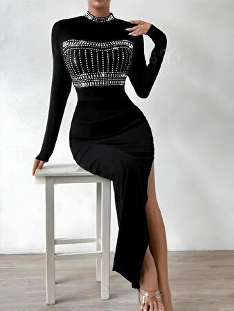 Kadın Yarım Balıkçı Yaka Taş Işemeli Bacak Dekolteli axi Boy Elbise