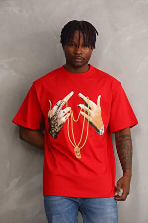 Unisex Baskılı Oversize Thirt  Kırmızı