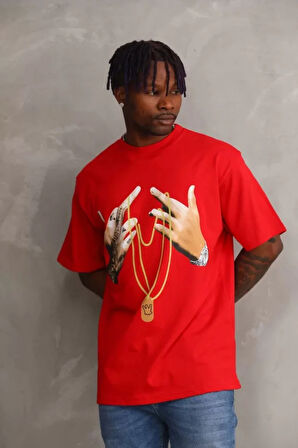 Unisex Baskılı Oversize Thirt  Kırmızı