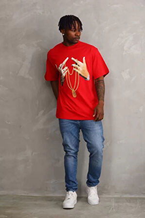 Unisex Baskılı Oversize Thirt  Kırmızı