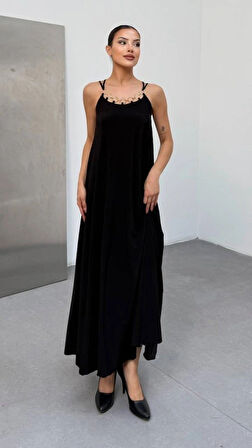 Kadın Omuz Askılı Kuş Gözü Zincir Detay andy Kumaş Maxi Boy Elbise