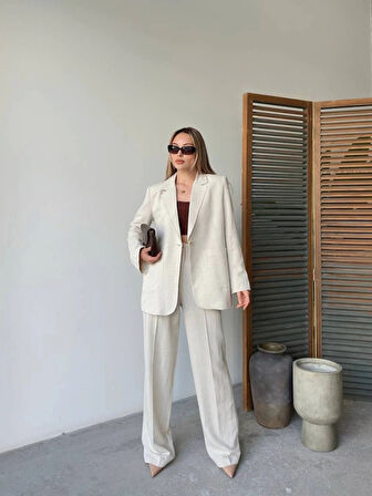Keten Ceket Pantolon Ikili Takım  Beyaz