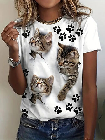 Kadın Kısa Kollu Kedi Ve Pati Baskılı Süprem Tshirt