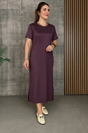 Kadın Kısa Kollu Bisiklet Yaka Yırtmaçlı Viskon Iki Iplik Elbise