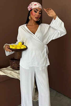 Kruvaze odel Klasik Pantolonlu Çupra Keten Takım 10191