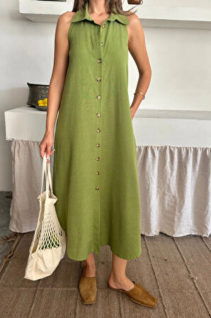 KETEN ÖNDEN DÜĞMELİ KOLUZ GÖMLEK YAKA ELBİE  Yağ Yeşili