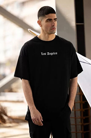 Unisex Bisiklet Yaka Baskılı Oversize Thirt  iyah