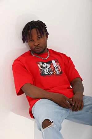 Unisex Oversize Baskılı Bisiklet Yaka Thirt  Kırmızı