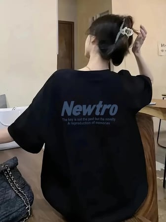 Baskılı Oversize Bisiklet Yaka Tshirt  iyah