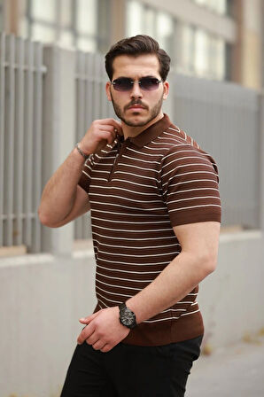 Erkek Fermuar Yakalı çizgili Kısa Kollu Tshirt