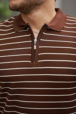 Erkek Fermuar Yakalı çizgili Kısa Kollu Tshirt