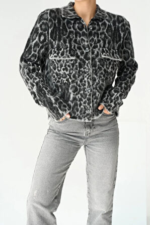 Leopar Desen Jakarlı Hırka  SiyahAçık Gri