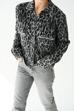 Leopar Desen Jakarlı Hırka  SiyahAçık Gri