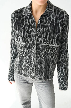 Leopar Desen Jakarlı Hırka  SiyahAçık Gri