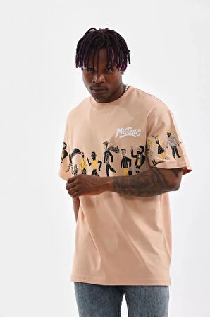 Unisex Bisiklet Yaka Baskılı Oversize Thirt  Bej