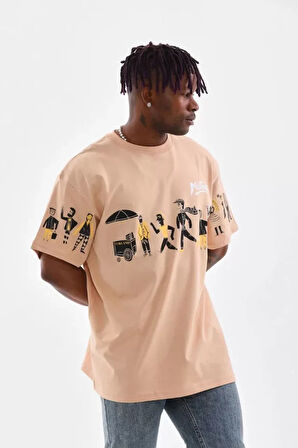 Unisex Bisiklet Yaka Baskılı Oversize Thirt  Bej