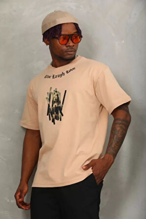 Unisex Oversize Baskılı Bisiklet Yaka Thirt  Bej