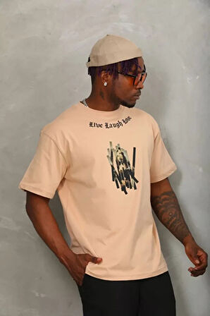 Unisex Oversize Baskılı Bisiklet Yaka Thirt  Bej