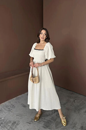 Bej Arkası Bağlamalı Keten Elbise