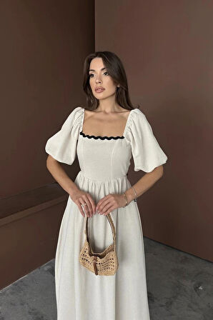 Bej Arkası Bağlamalı Keten Elbise