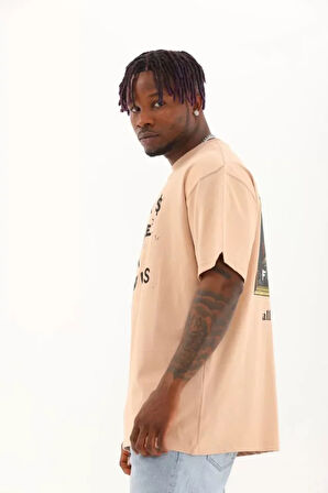 Unisex Oversize Baskılı Bisiklet Yaka Thirt  Bej