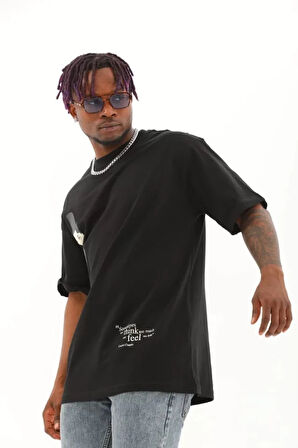 Unisex Oversize Baskılı Bisiklet Yaka Thirt  iyah