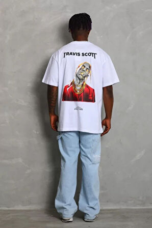 Unisex Oversize Baskılı Bisiklet Yaka Thirt  Beyaz