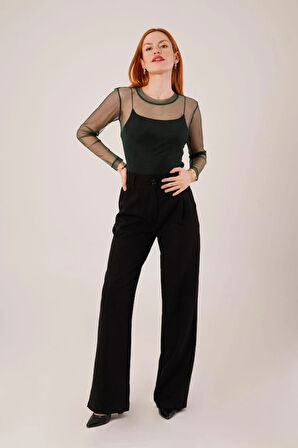 Transparan Yeşil Tül Basic Bluz