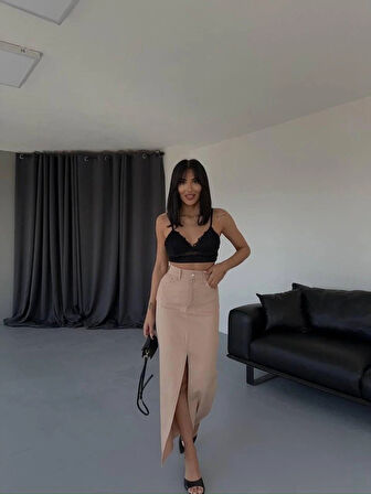 GABARDİN UZUN ÖNDEN YIRTAÇI ETEK  Kahverengi