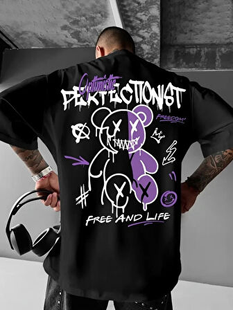 Baskılı Oversize Bisiklet Yaka Tshirt  iyah