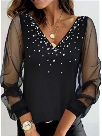 Kadın Uzun Kollu V Yaka Kolları Tül Yaka Kenarı Ve Göğüs Inci Detay Krep Bluz