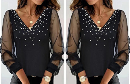 Kadın Uzun Kollu V Yaka Kolları Tül Yaka Kenarı Ve Göğüs Inci Detay Krep Bluz