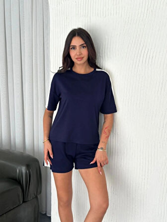 Osy odal Yumuşak Dokulu Kumaş Parçalı Bisiklet Yaka Tshirt Kısa Şort İkili Takım  avi