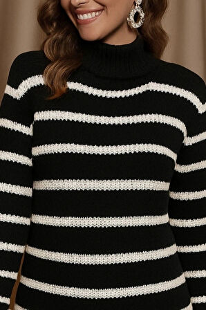 Kadın Uzun Kollu Degaje Yaka çizgili Sonya Iplik Mini Boy Triko Elbise (kemersiz)