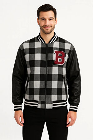 Kolları uni Deri Içi Astarlı Oduncu Kolej Içi Ceket  Gri