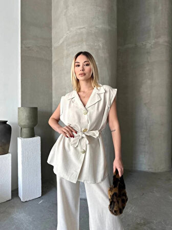 Keten ıfır Kol Kuşaklı Ceket Pantolon Ikili Takım  Beyaz