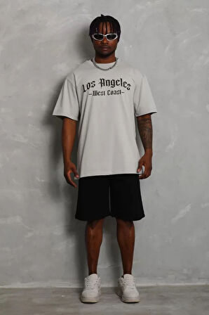 Unisex Oversize Baskılı Bisiklet Yaka Thirt  Gri