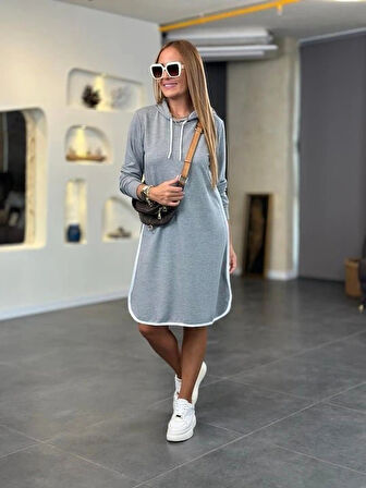 Kadın Uzun Kollu Kapüşon Ve Ribana Detay Diz üstü Elbise