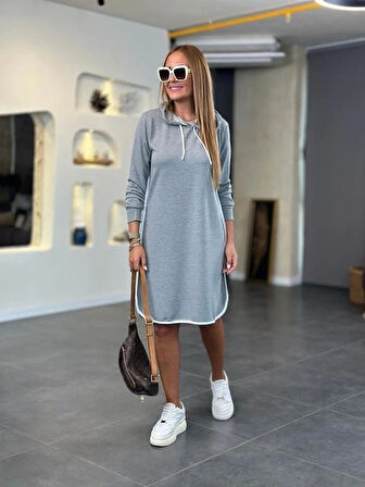 Kadın Uzun Kollu Kapüşon Ve Ribana Detay Diz üstü Elbise