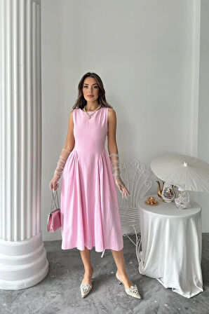 Pembe Yanları Büzgülü Midi Boy Keten Elbise