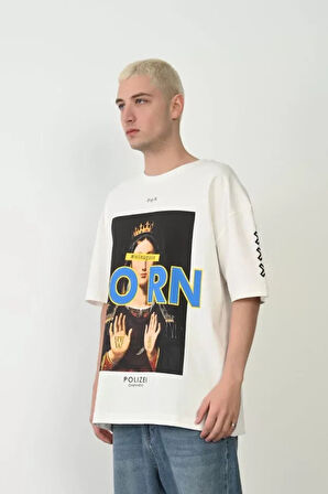 Unisex Baskılı Bisiklet Yaka Oversize Thirt  Beyaz
