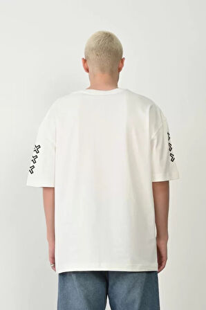 Unisex Baskılı Bisiklet Yaka Oversize Thirt  Beyaz