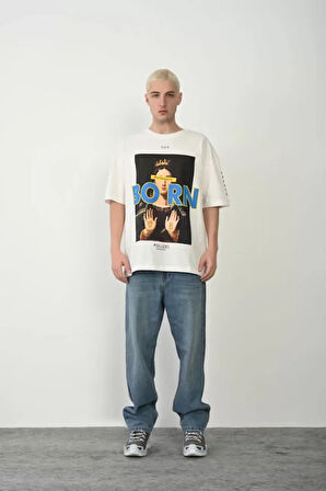 Unisex Baskılı Bisiklet Yaka Oversize Thirt  Beyaz