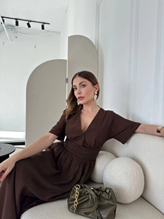 Kısa Kollu Uzun Elbise  Kahve