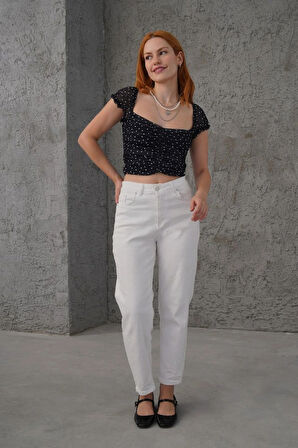 Puantiyeli Belden Oturtmalı Tül iyah Bluz