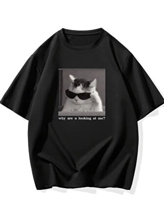 Baskılı Oversize Bisiklet Yaka Tshirt  iyah